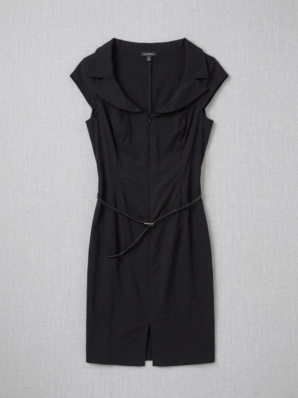 Le Château Vintage-Chic Black Cap-Sleeve Belted Dress